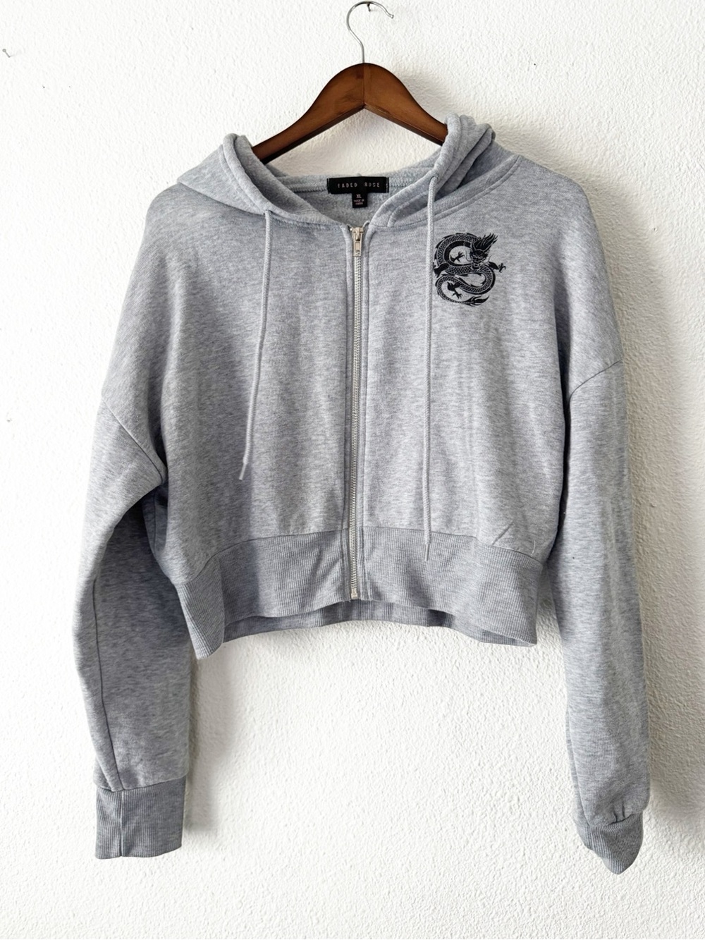 Faded Rose Gray Dragon Cropped Zip Up Hoodie Y2K Grunge Streetwear XL - Picture 2 of 13